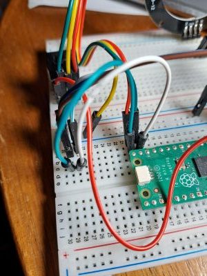 Breadboard showing the wiring connecting to the Pico.