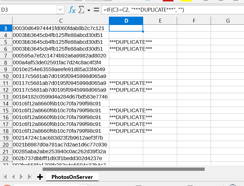 Screenshot showing spreadsheet hashes, including the formula for highlighting duplicates.