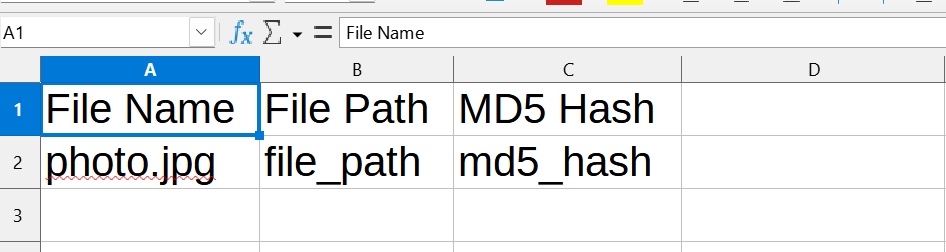 A spreadsheet showing the values that our code wrote to it