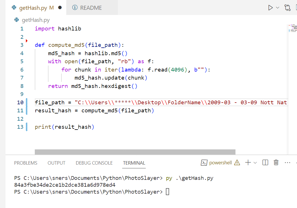 Screenshot showing the md5 code with the results in the terminal below